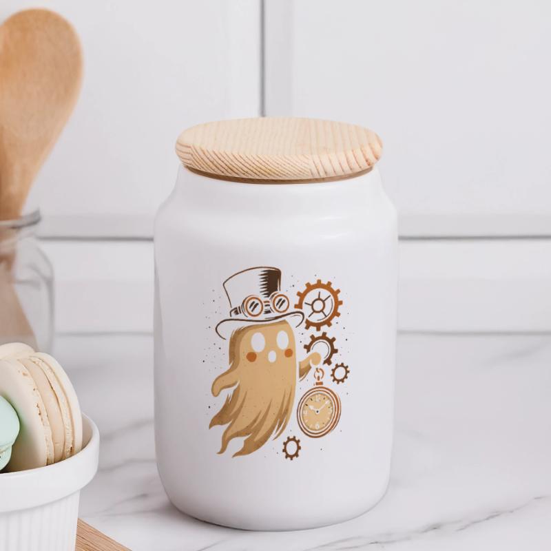 Steampunk Ghost Clockwork Panoramic Cookie Jar with Wooden Lid