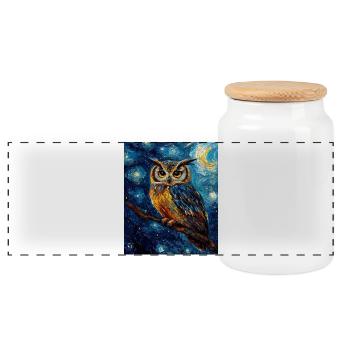 Owl Bird Van Gogh Style Starry Night - Panoramic Cookie Jar with Wooden Lid - white - Front