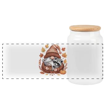 Autumn Gnome Shirt with Raccoon and Acorns - Panoramic Cookie Jar with Wooden Lid - white - Front