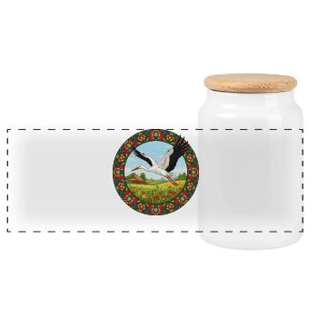 Stork and Polish Folk Meadow Circle Print - Panoramic Cookie Jar with Wooden Lid - white - Front