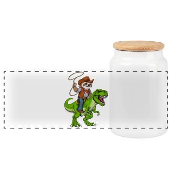 Sloth Cowboy Riding T-Rex Dinosaur - Panoramic Cookie Jar with Wooden Lid - white - Front