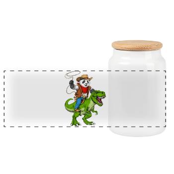 Panda Cowboy chevauchant T-Rex Dinosaure - Boîte à biscuits avec couvercle en bois - blanc - Devant