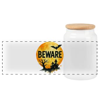 Spooky Haunted House for Halloween - Panoramic Cookie Jar with Wooden Lid - white - Front