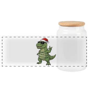 Cute Dino T-Rex with Christmas Tree Fairy Lights - Panoramic Cookie Jar with Wooden Lid - white - Front