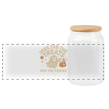 Ici, pour les friandises, pas pour les tours Ghost Design - Boîte à biscuits avec couvercle en bois - blanc - Devant