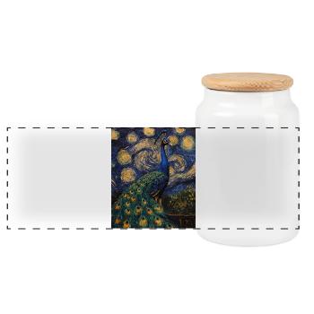 Peacock Bird Van Gogh Style Starry Night - Panoramic Cookie Jar with Wooden Lid - white - Front