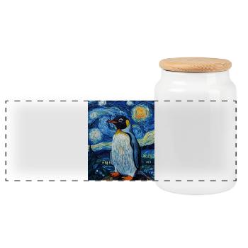 Penguin Bird Van Gogh Style Starry Night - Panoramic Cookie Jar with Wooden Lid - white - Front