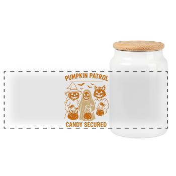 Pumpkin Patrol Candy Secured Halloween Fun - Panoramic Cookie Jar with Wooden Lid - white - Front