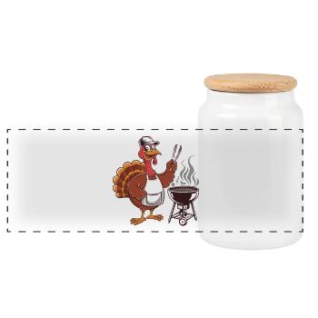 Thanksgiving Turkey Grilling Fun - Panoramic Cookie Jar with Wooden Lid - white - Front