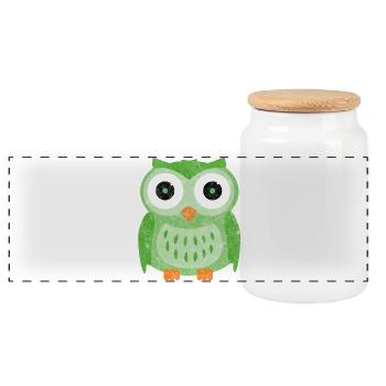 Green Owls Cartoon - Panoramic Cookie Jar with Wooden Lid - white - Front