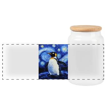 Penguin Bird Van Gogh Style Starry Night - Panoramic Cookie Jar with Wooden Lid - white - Front