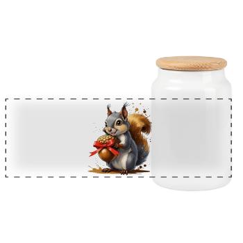 Eichhörnchen mit roter Eichel - Panorama Keksdose mit Holzdeckel - Weiß - Vorne