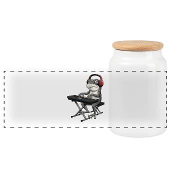 Frog with keyboard and headphones - Panoramic Cookie Jar with Wooden Lid - white - Front