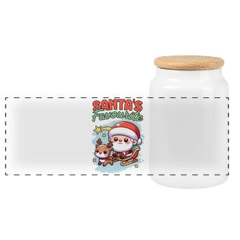 Christmas Outfit with Santa Claus and Reindeer - Panoramic Cookie Jar with Wooden Lid - white - Front