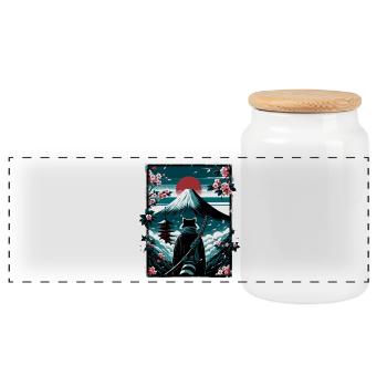 Cat with samurai sword in front of Fuji - Panoramic Cookie Jar with Wooden Lid - white - Front