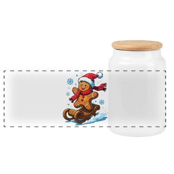 Gingerbread man on the sleigh - Panoramic Cookie Jar with Wooden Lid - white - Front