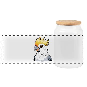 Cockatoo cartoon with yellow comb - Panoramic Cookie Jar with Wooden Lid - white - Front