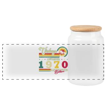 Novembre 1970 Cadeau d’anniversaire. Novembre 1970 - Boîte à biscuits avec couvercle en bois - blanc - Devant