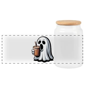 Ghost with pumpkin latte - Panoramic Cookie Jar with Wooden Lid - white - Front