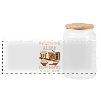 My Weekend Alibi – Crime Movies & Popcorn Shirt - Panorama Keksdose mit Holzdeckel - Weiß - Vorne