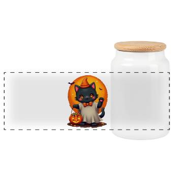 Chat d’Halloween avec citrouille d’Halloween - Boîte à biscuits avec couvercle en bois - blanc - Devant