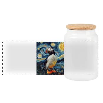 Puffin Bird Van Gogh Style Starry Night - Panoramic Cookie Jar with Wooden Lid - white - Front