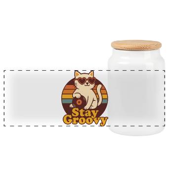 Stay Goovy Cat Vinyl Retro - Panoramic Cookie Jar with Wooden Lid - white - Front