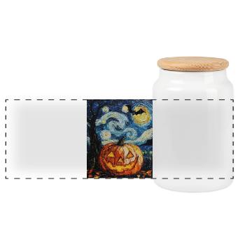 Pumpkin Bat Halloween Van Gogh Starry Night - Panoramic Cookie Jar with Wooden Lid - white - Front