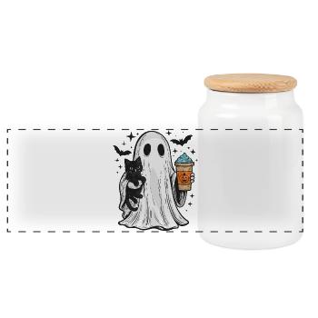 Halloween Ghost with Cat and Coffee - Panoramic Cookie Jar with Wooden Lid - white - Front