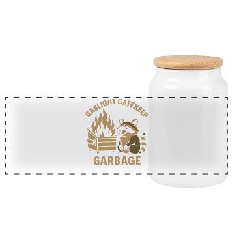 Gaslight Gatekeep Garbage Raccoon Meme Humor - Panoramic Cookie Jar with Wooden Lid - white - Front