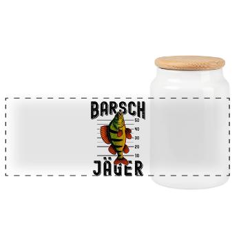 Barsch Jäger Barschangler Barsch Barsche angeln - Panorama Keksdose mit Holzdeckel - Weiß - Vorne