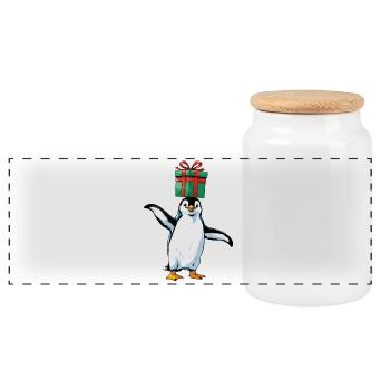 Pingouin avec cadeau sur la tête - Boîte à biscuits avec couvercle en bois - blanc - Devant