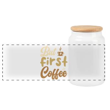 But First Coffee Coffee Motif - Panoramic Cookie Jar with Wooden Lid - white - Front