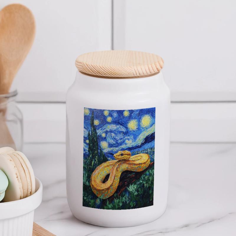 Serpent Python Style Van Gogh Nuit étoilée Boîte à biscuits avec couvercle en bois