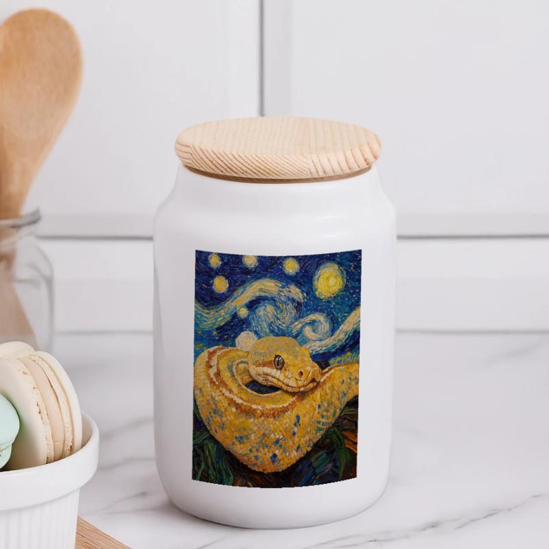 Snake Python Van Gogh Style Starry Night Panoramic Cookie Jar with Wooden Lid