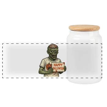 Scary zombie with Happy Halloween sign - Panoramic Cookie Jar with Wooden Lid - white - Front