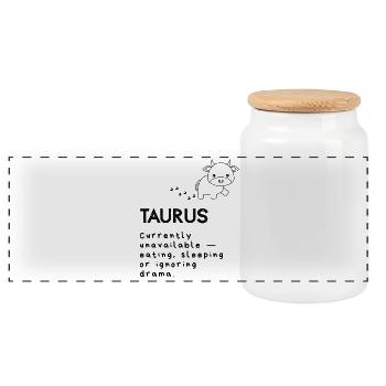 Cute Taurus Cartoon – Nap Mode Activated - Panoramic Cookie Jar with Wooden Lid - white - Front