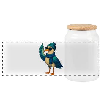 Seagull in winter outfit - Panoramic Cookie Jar with Wooden Lid - white - Front