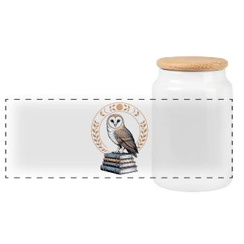 Owl on books with moon phases wreath - Panoramic Cookie Jar with Wooden Lid - white - Front