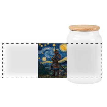 Samurai Japan Van Gogh Style Starry Night - Panoramic Cookie Jar with Wooden Lid - white - Front