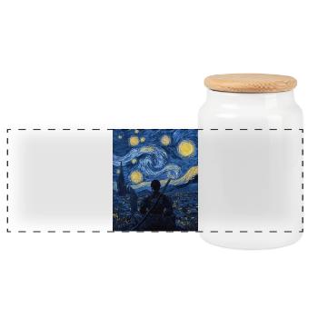 Samurai Japan Van Gogh Style Starry Night - Panoramic Cookie Jar with Wooden Lid - white - Front