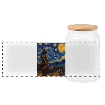 Samurai Japan Van Gogh Style Starry Night - Panoramic Cookie Jar with Wooden Lid - white - Front