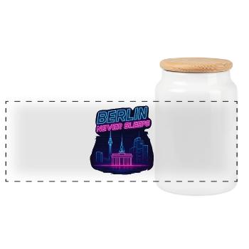 Berlin Never Sleeps Neon Skyline Design - Panoramic Cookie Jar with Wooden Lid - white - Front