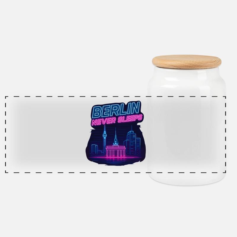 Berlin Never Sleeps Neon Skyline Design - Panorama Keksdose mit Holzdeckel - Weiß