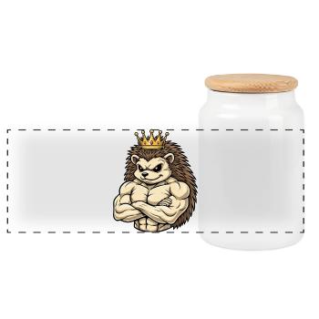 Starker Igel König Cartoon Fitness Portrait - Panorama Keksdose mit Holzdeckel - Weiß - Vorne