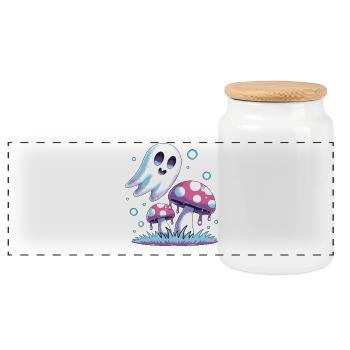Kawaii Ghost & Mushrooms – Pastel Design - Panoramic Cookie Jar with Wooden Lid - white - Front