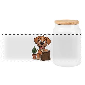 Little dog with book and plant - Panoramic Cookie Jar with Wooden Lid - white - Front