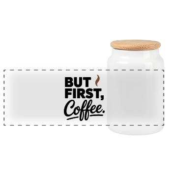 But First Coffee Kaffee Spruch für Morgenmuffel - Panorama Keksdose mit Holzdeckel - Weiß - Vorne
