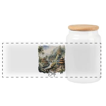 Bali Watercolor, Bali Indonesia - Panoramic Cookie Jar with Wooden Lid - white - Front