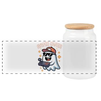 Retro Gamer Halloween Ghost - Panoramic Cookie Jar with Wooden Lid - white - Front